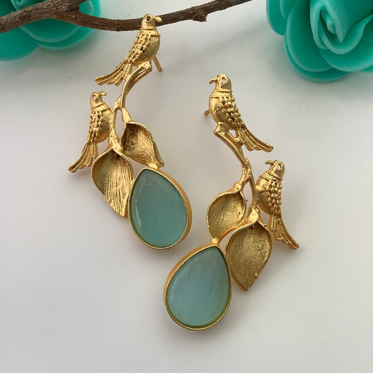 Salvanity Golden Brass Twin Bird Stone Earrings (Aqua)