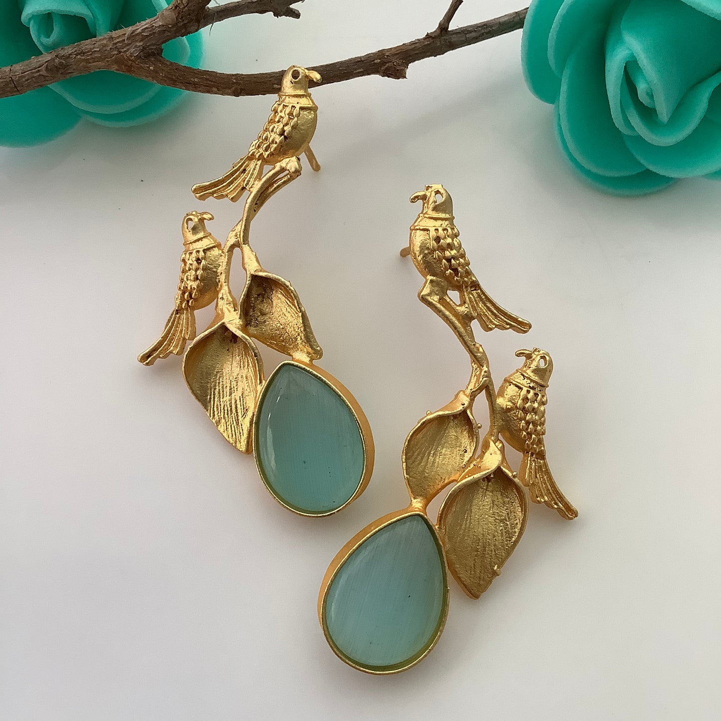 Salvanity Golden Brass Twin Bird Stone Earrings (Aqua)