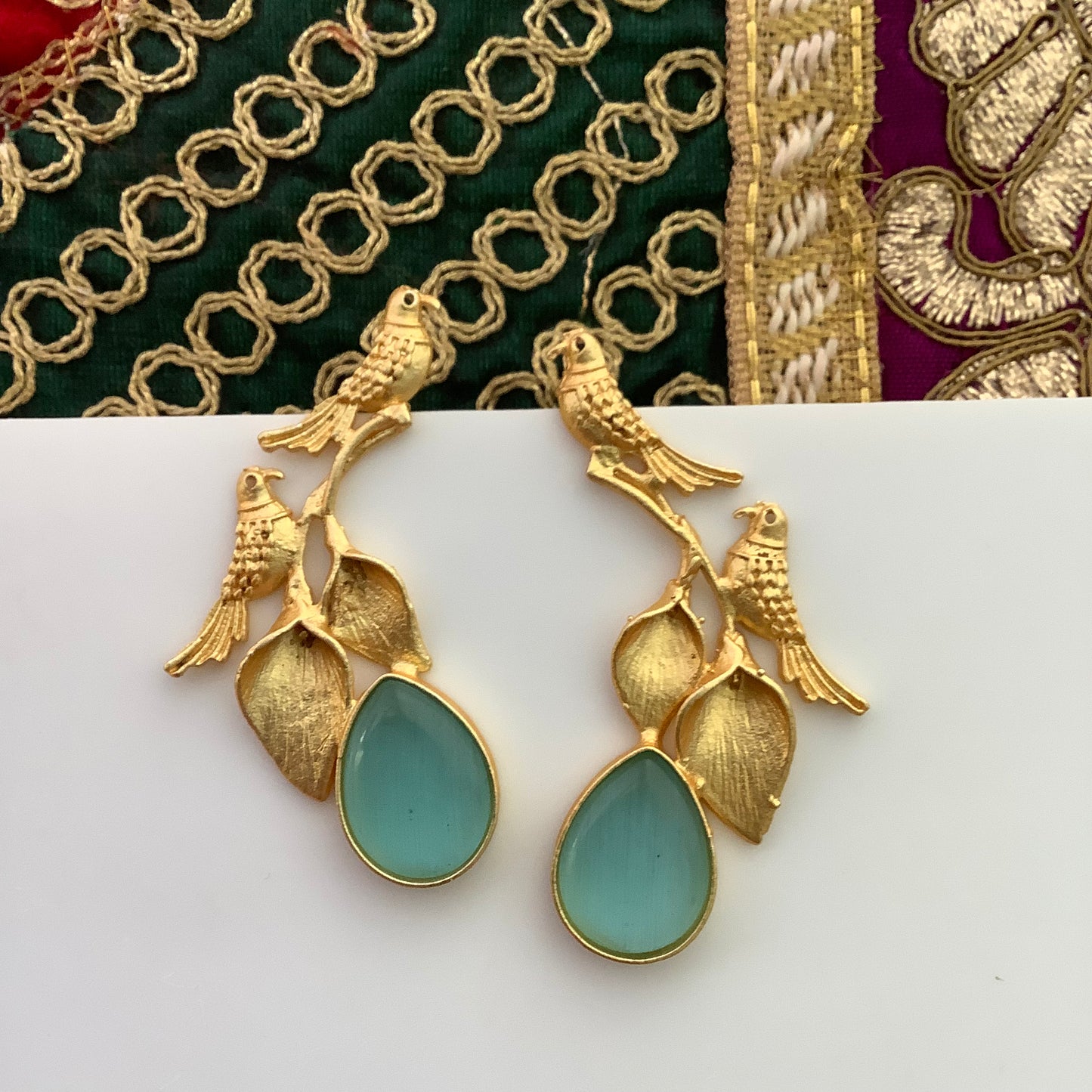 Salvanity Golden Brass Twin Bird Stone Earrings (Aqua)