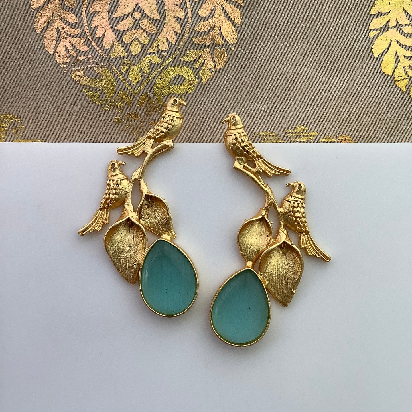 Salvanity Golden Brass Twin Bird Stone Earrings (Aqua)