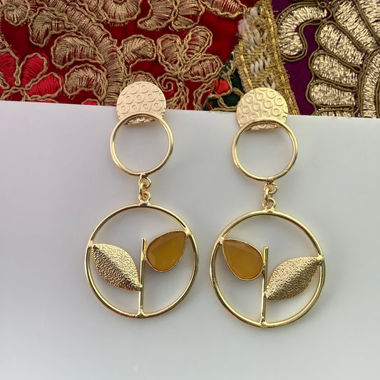 Salvanity Golden Brass Peace Leaf Earrings (Lemon Yellow)