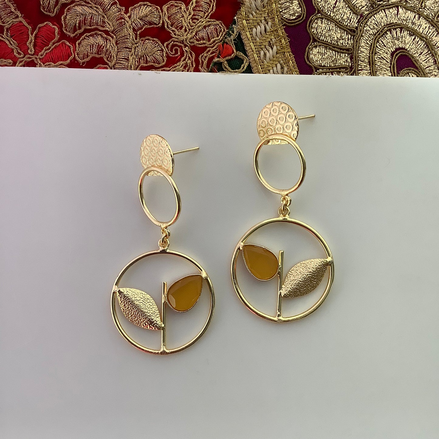 Salvanity Golden Brass Peace Leaf Earrings (Lemon Yellow)