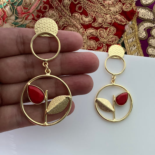 Salvanity Golden Brass Peace Leaf Earrings (Red)