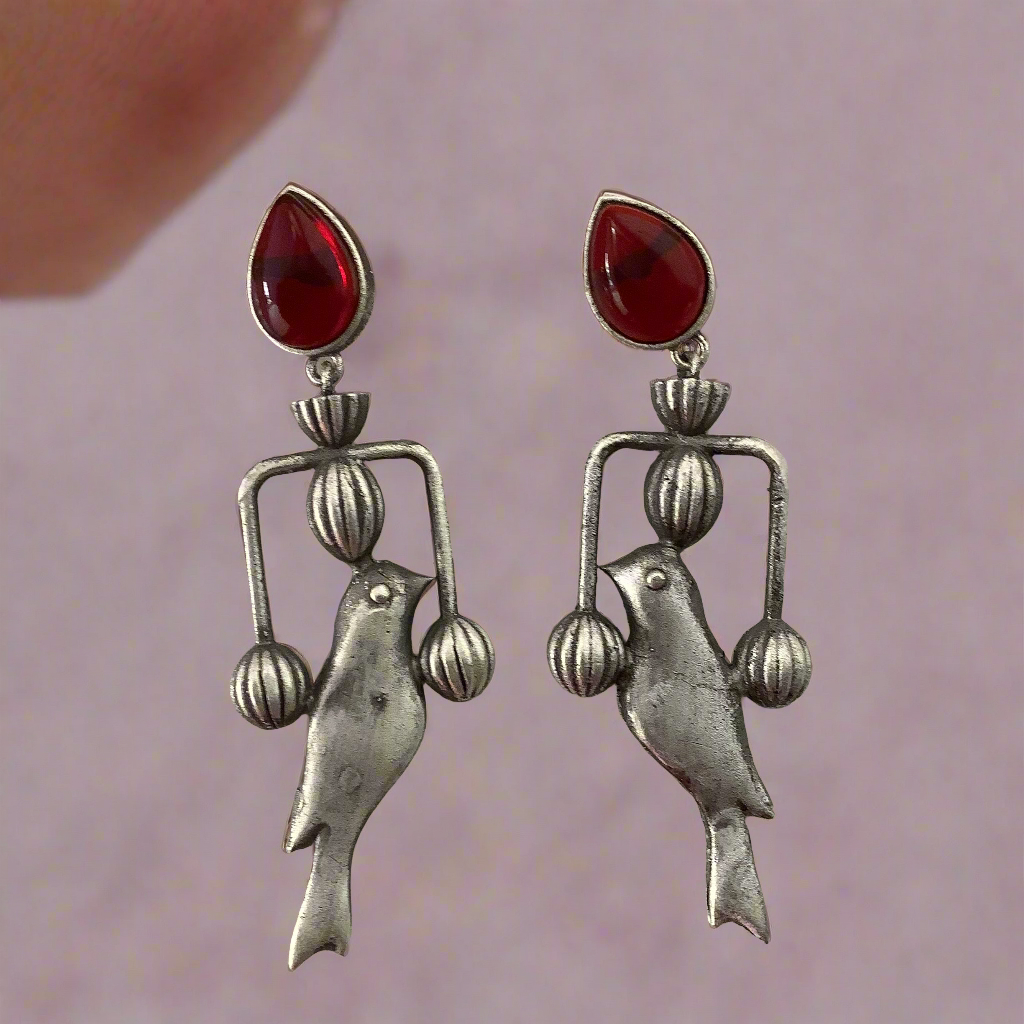 Salvanity German Silver Trendy Pakshi (Bird) Earrings - Red