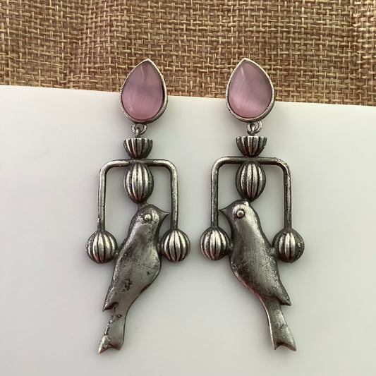 Salvanity German Silver Trendy Pakshi (Bird) Earrings - Monalisa Pink