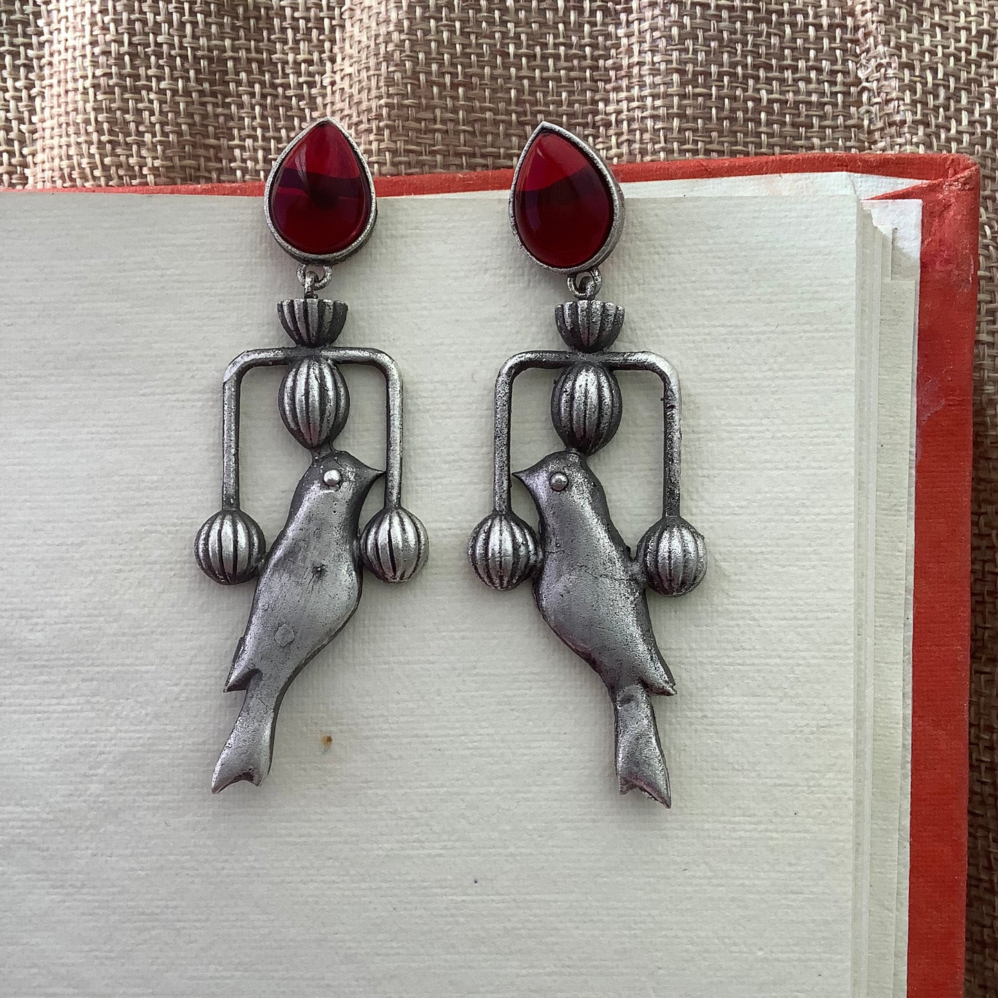 Salvanity German Silver Trendy Pakshi (Bird) Earrings - Red