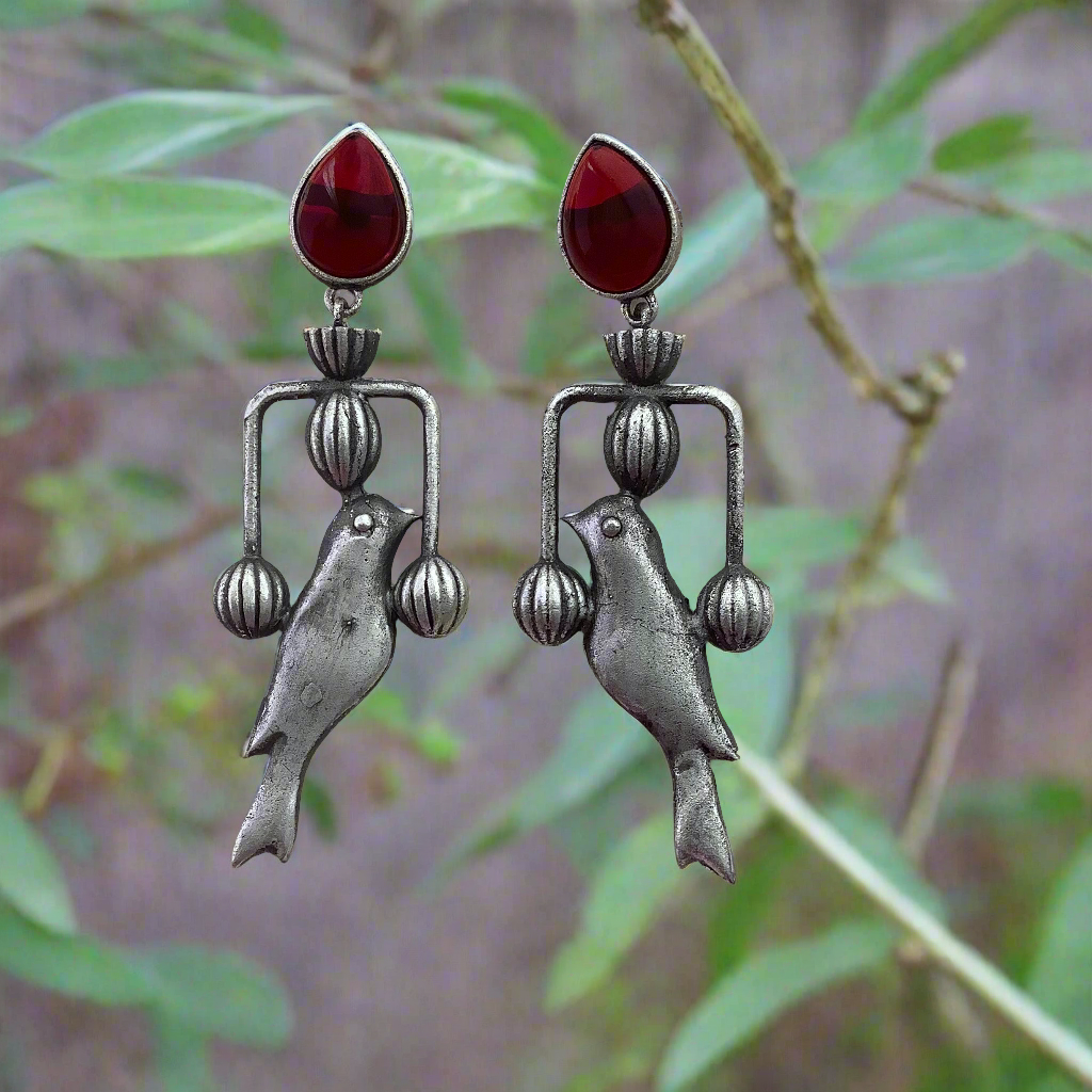 Salvanity German Silver Trendy Pakshi (Bird) Earrings - Red