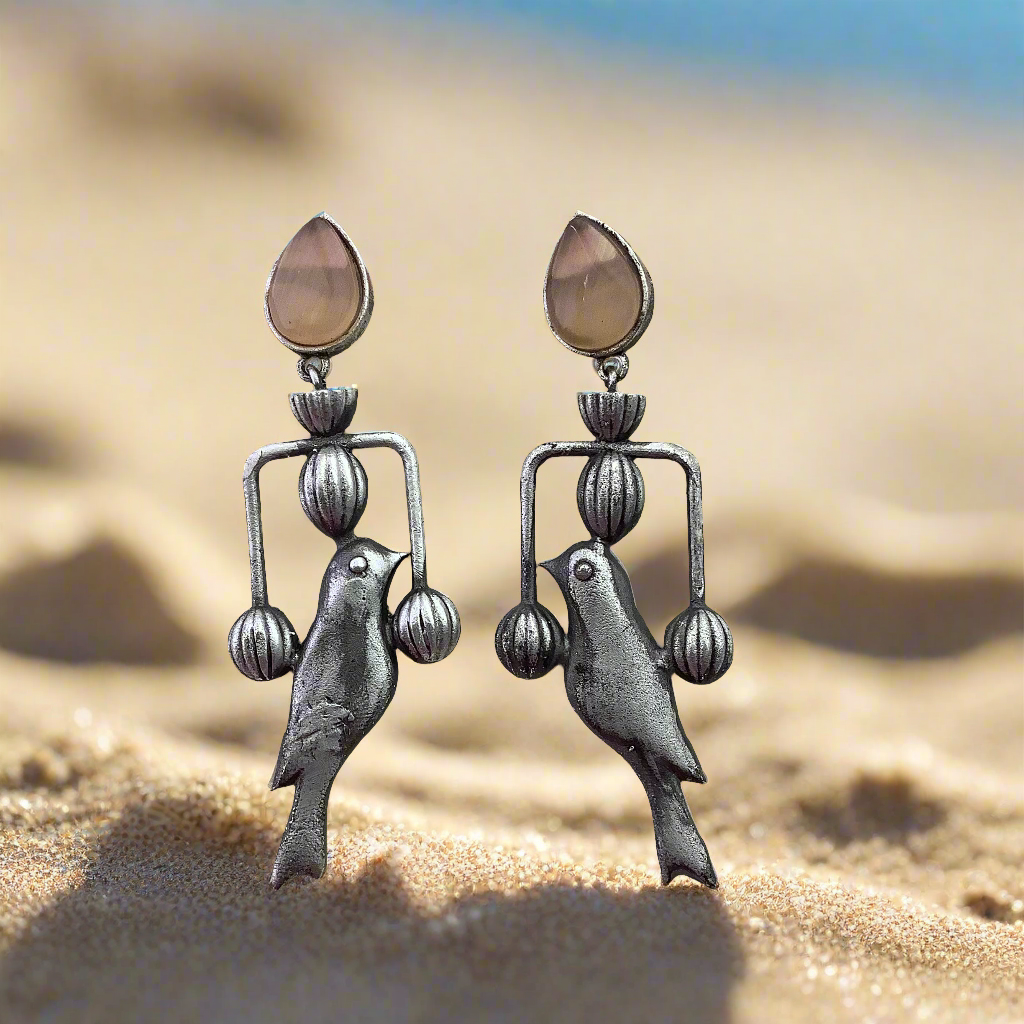 Salvanity German Silver Trendy Pakshi (Bird) Earrings - Sand Brown