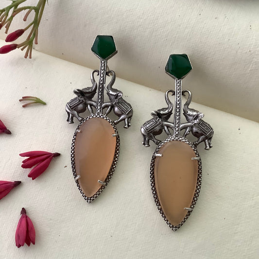 Salvanity German Silver Gaja Varchasva (Elephant Supremacy) - Earrings (Sea Sand Brown Monalisa Stone)