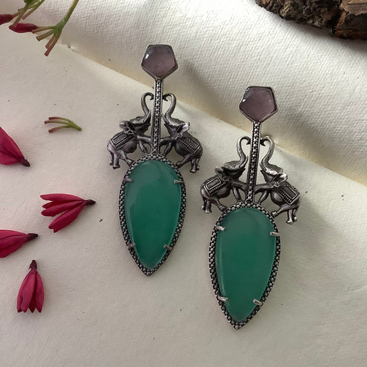 Salvanity German Silver Gaja Varchasva (Elephant Supremacy) - Earrings (Aqua Monalisa Stone)