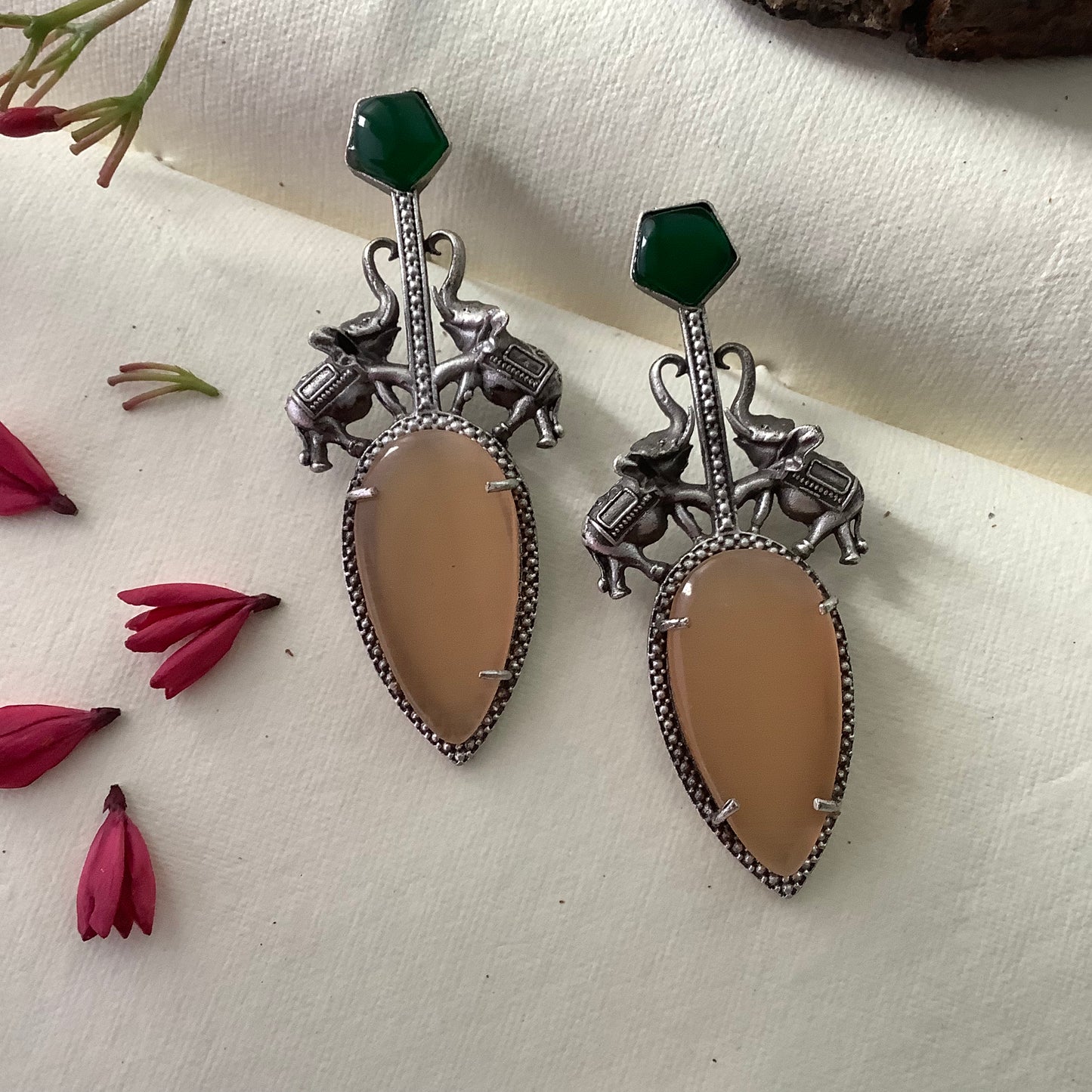 Salvanity German Silver Gaja Varchasva (Elephant Supremacy) - Earrings (Sea Sand Brown Monalisa Stone)