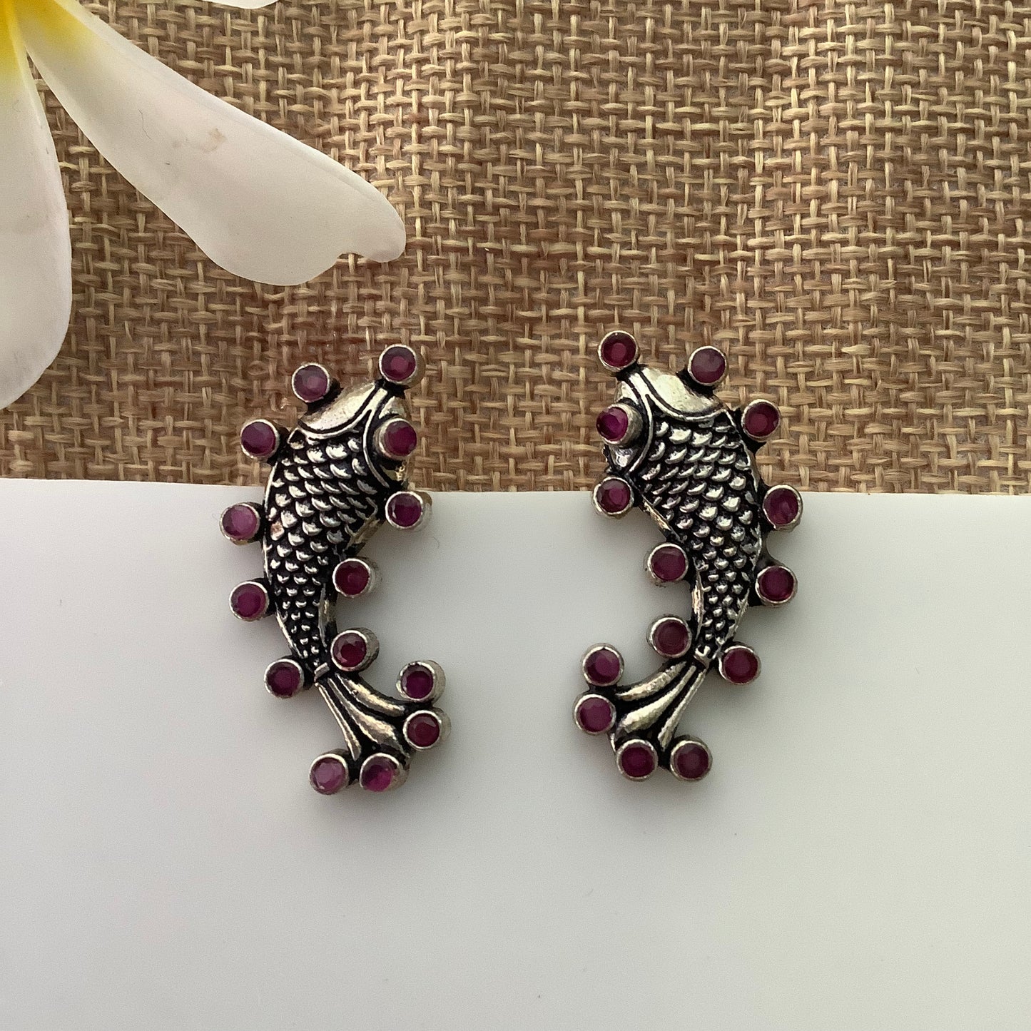 Salvanity German Silver Matsaya Ruby Earrings