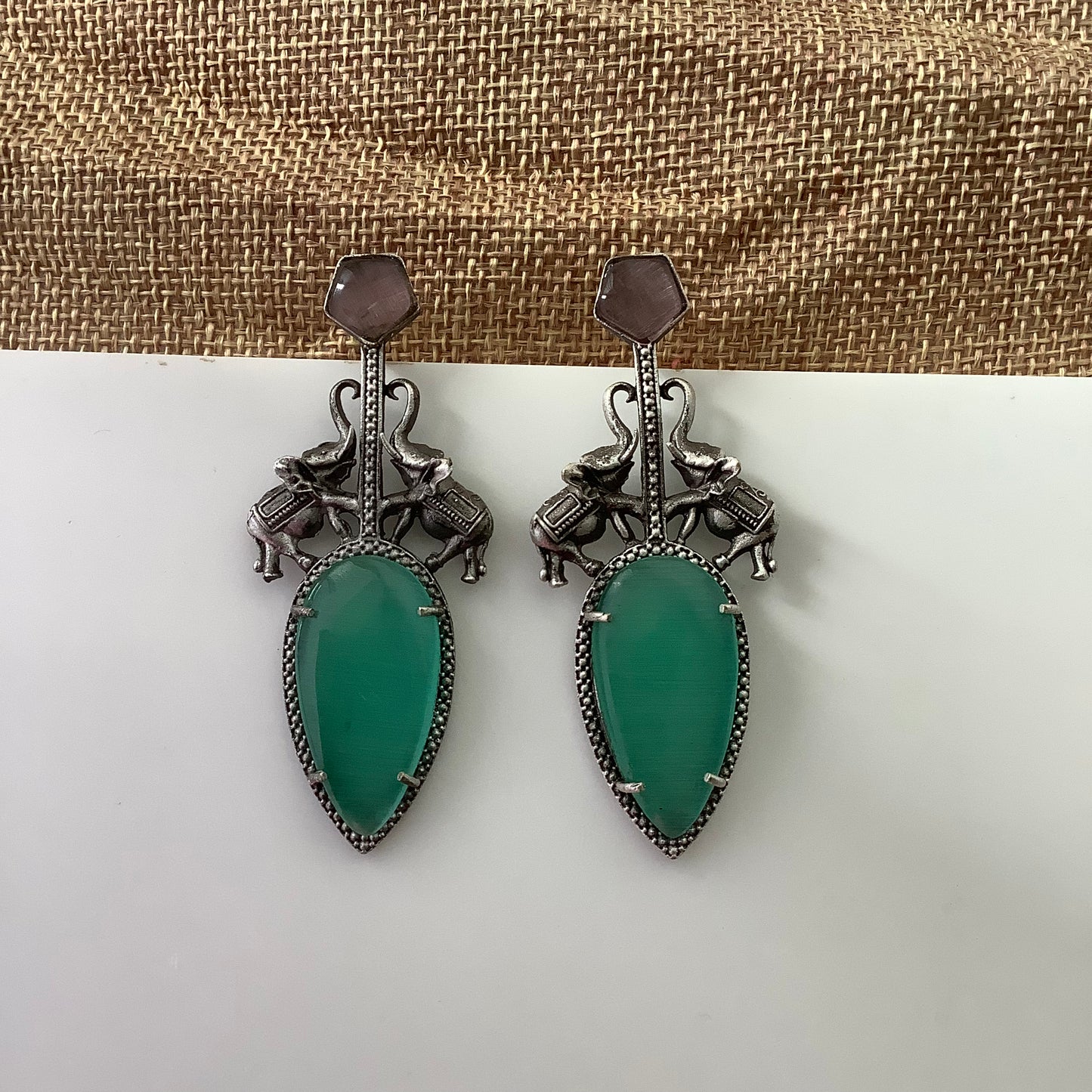 Salvanity German Silver Gaja Varchasva (Elephant Supremacy) - Earrings (Aqua Monalisa Stone)