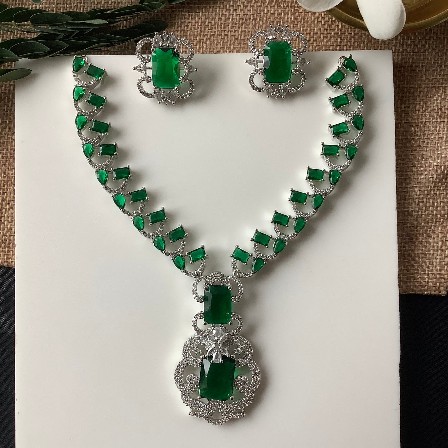 Salvanity American Diamond Nizam's collection Emerald Green Royal Necklace