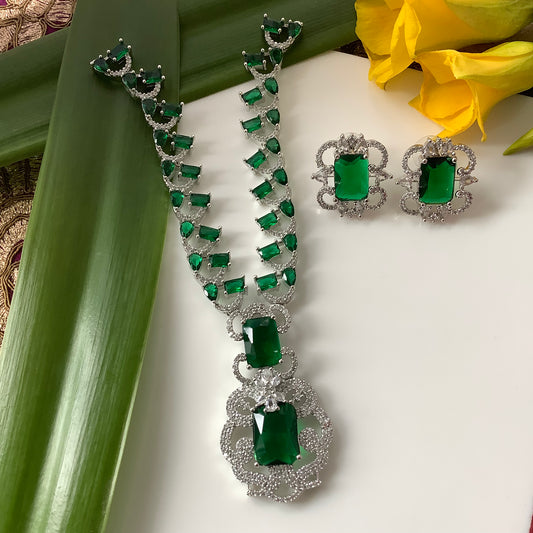 Salvanity American Diamond Nizam's collection Emerald Green Royal Necklace