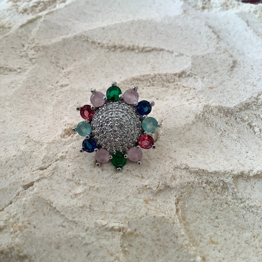 Salvanity American Diamond Multicolor Sunflower Finger Ring