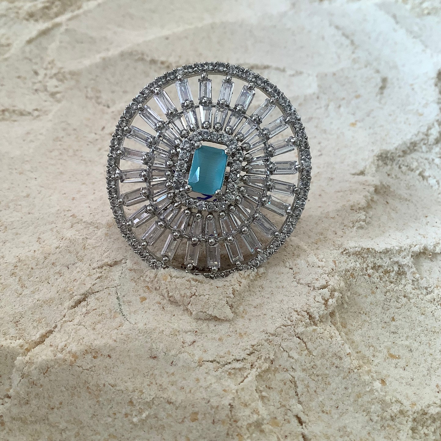 Salvanity Fashion Jewelry - Aqua Blue Royal Finger Ring - American Diamonds, adjustable