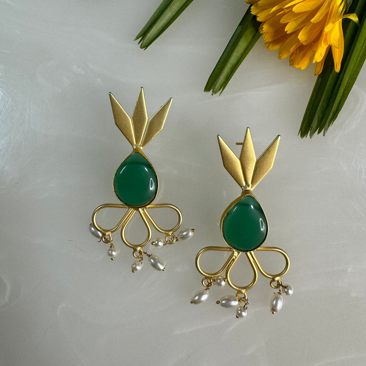 Salvanity Brass Gold 18 CT plated Earrings - Pineapple Green