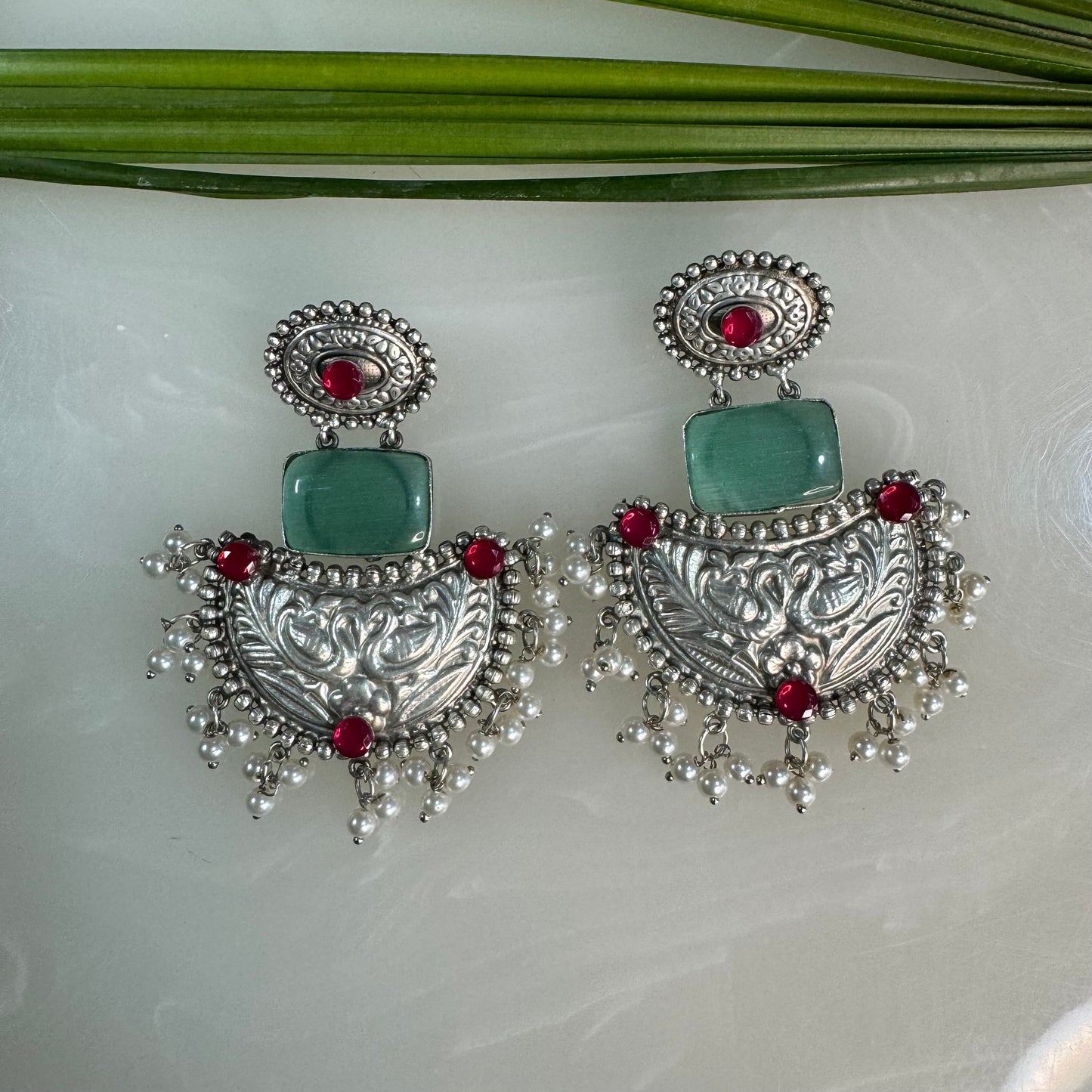 Salvanity German Silver Fashion Jewellery Silver Replica Monalisa stone Chaand Baali Earrings