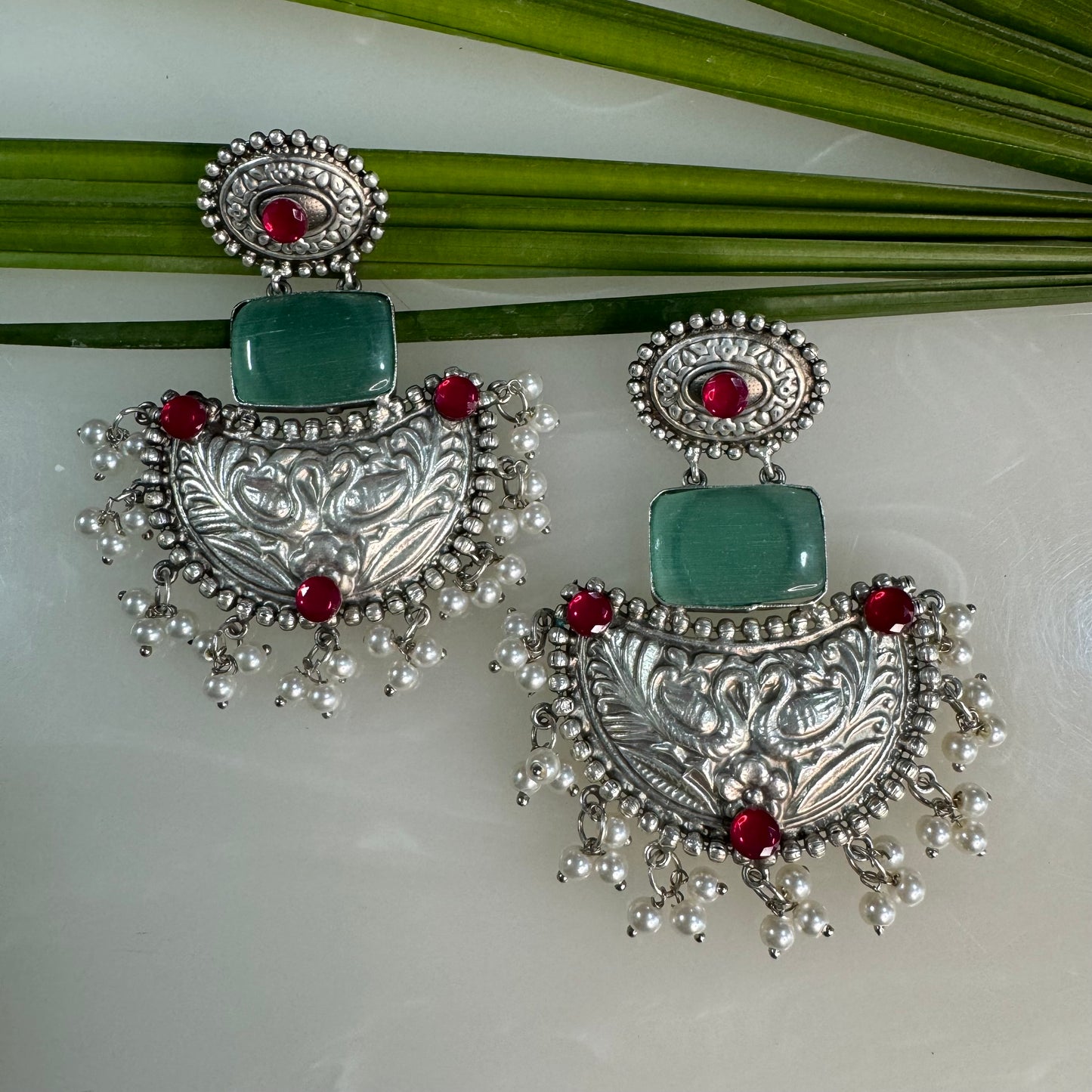 Salvanity German Silver Fashion Jewellery Silver Replica Monalisa stone Chaand Baali Earrings