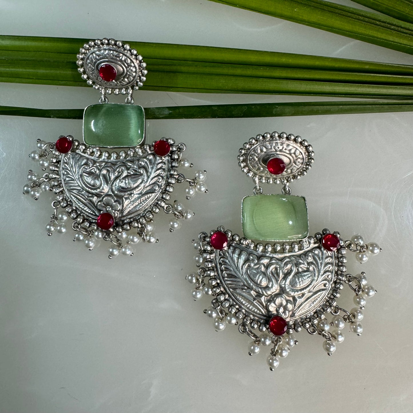 Salvanity German Silver Fashion Jewellery Silver Replica Monalisa stone Chaand Baali Earrings