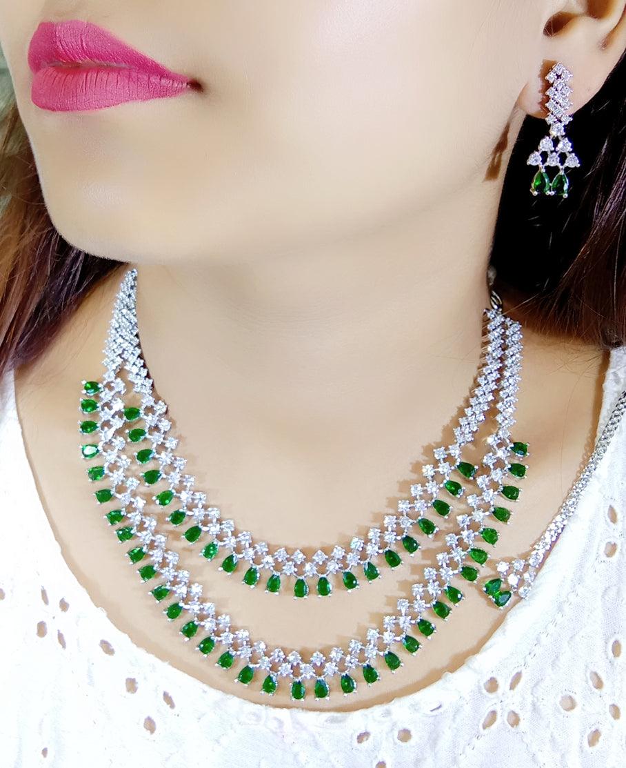 Salvanity American Diamond Green Emerald Dewlight Double Vine Necklace