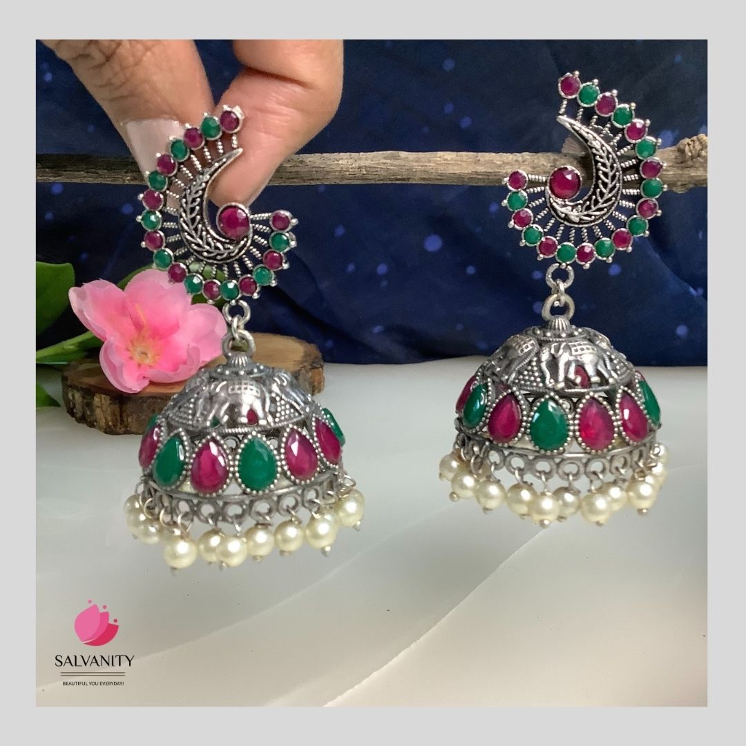 #Artificial_Jewellery# - #Salvanity_Salvan Overseas# - Salvanity German Silver Royal Elephant Stone embellished Dome Jhumki