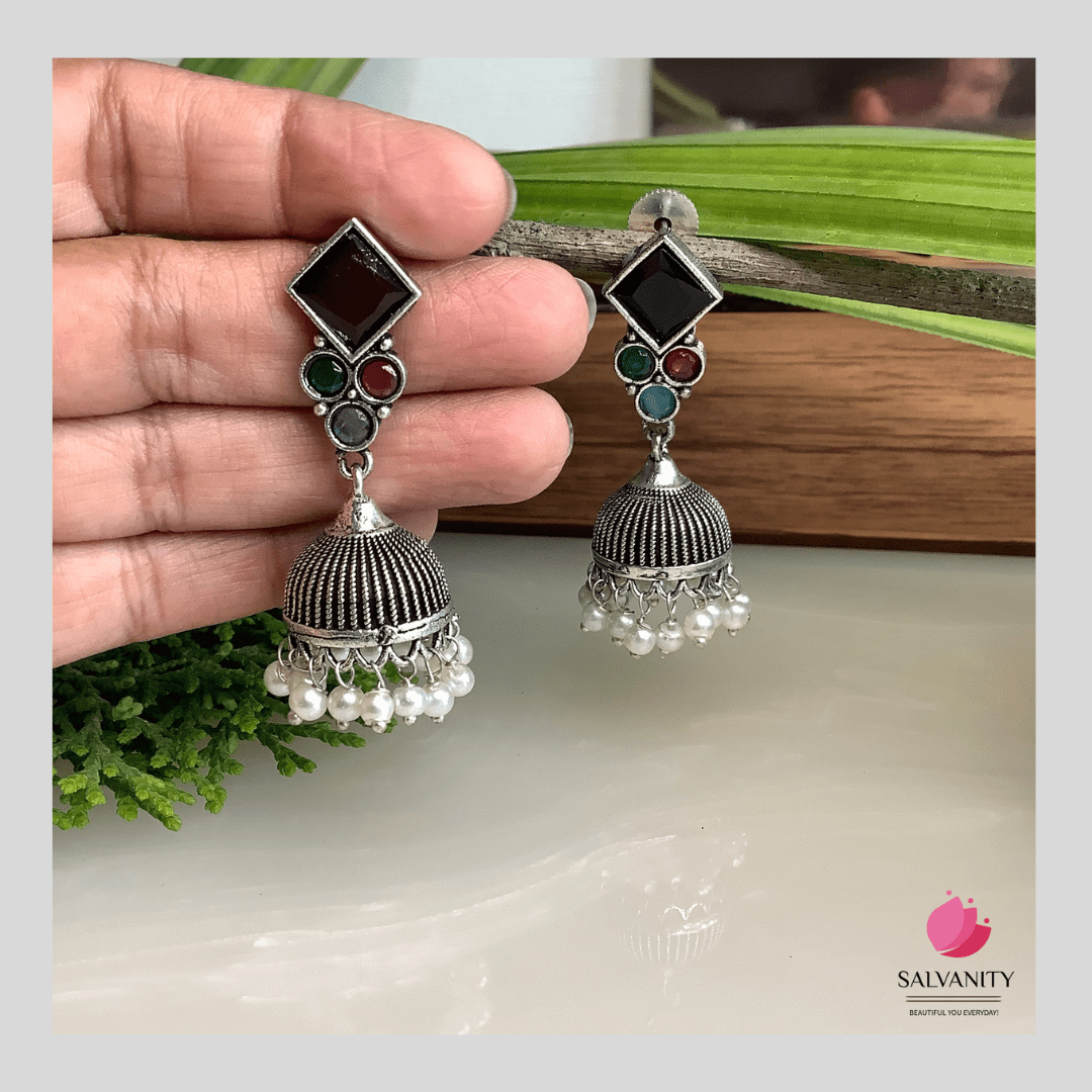 #Artificial_Jewellery# - #Salvanity_Salvan Overseas# - Danglers - Salvanity German Silver Rhombus Plus 3 Jhumkis