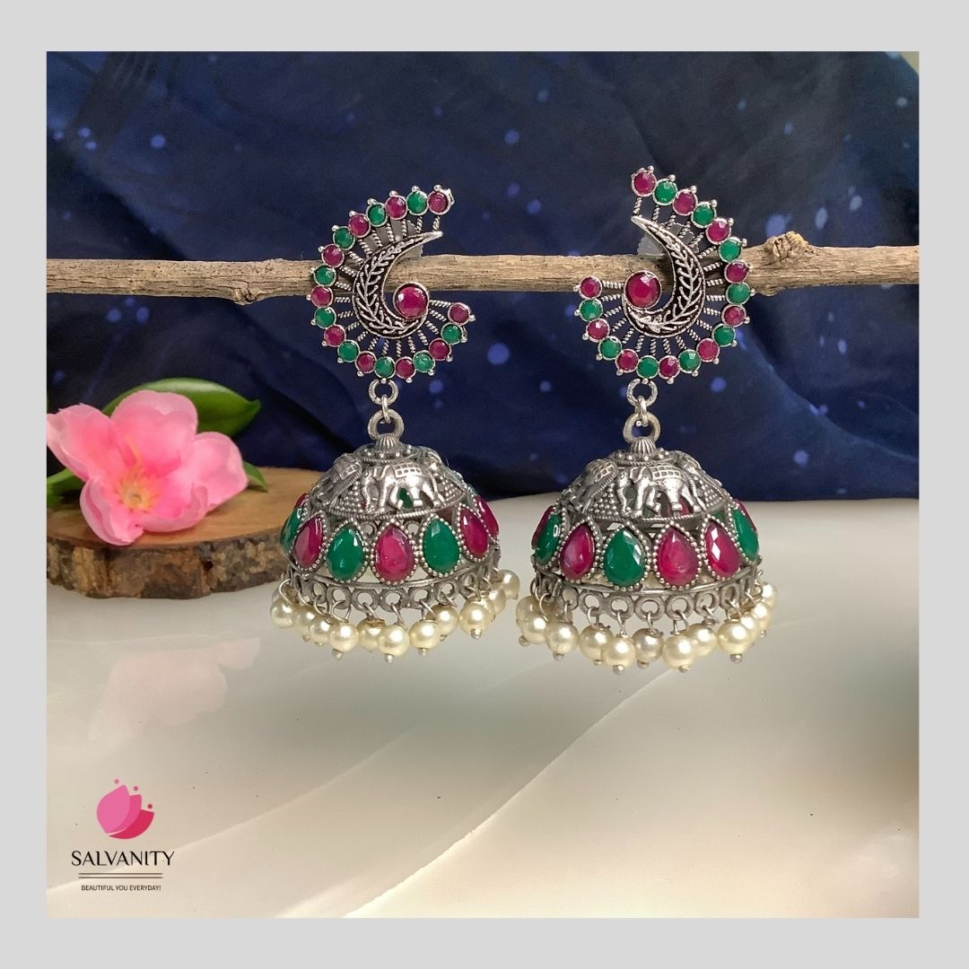 #Artificial_Jewellery# - #Salvanity_Salvan Overseas# - Salvanity German Silver Royal Elephant Stone embellished Dome Jhumki