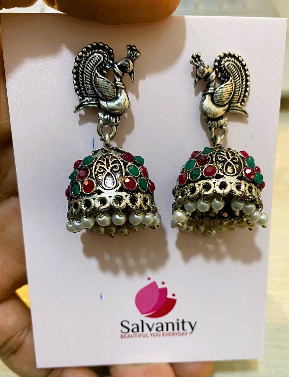 #Artificial_Jewellery# - #Salvanity_Salvan Overseas# - Danglers - Salvanity German Silver Stone Peacock & Embellished dome Jhumki