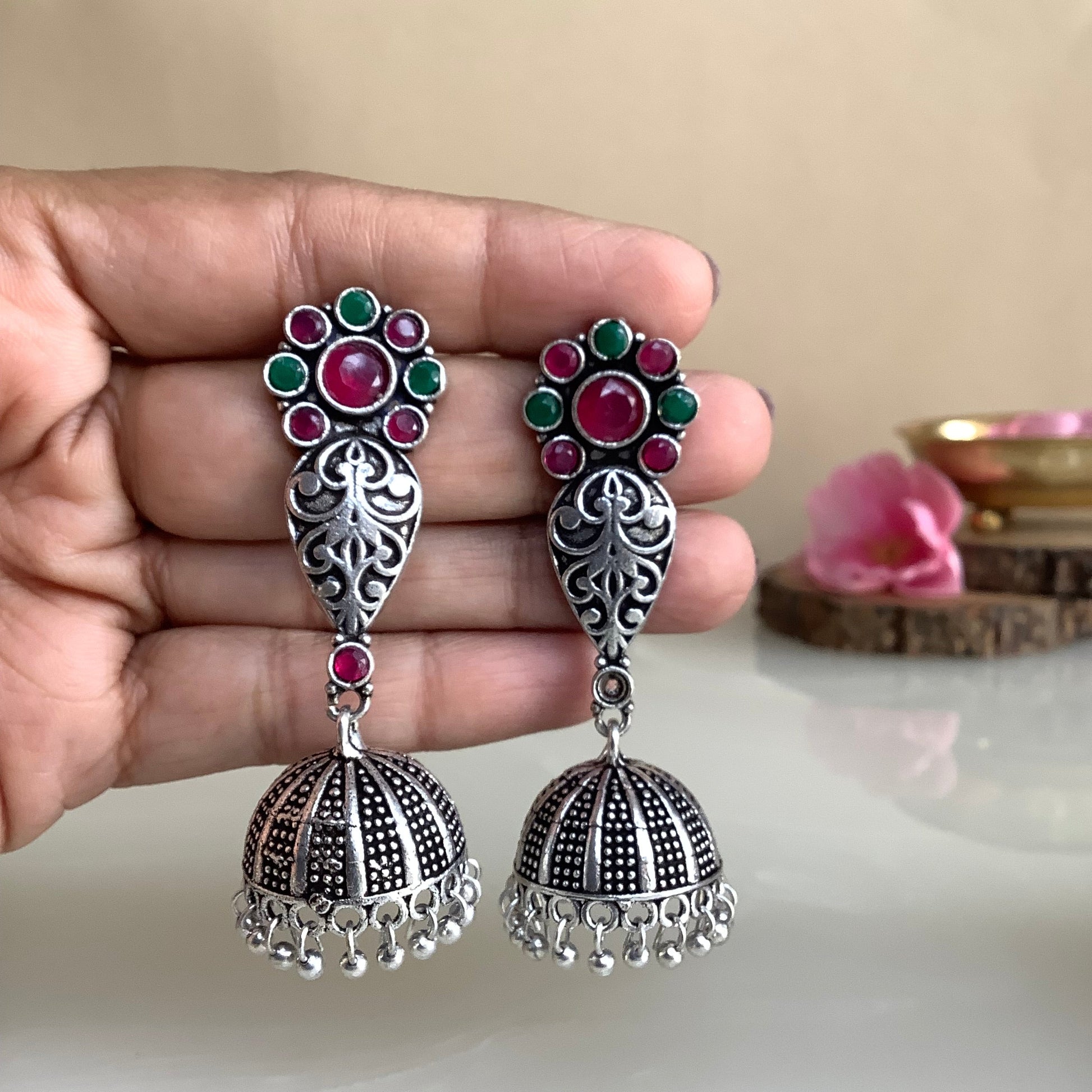 #Artificial_Jewellery# - #Salvanity_Salvan Overseas# - Salvanity German Silver African Flower Jhumki