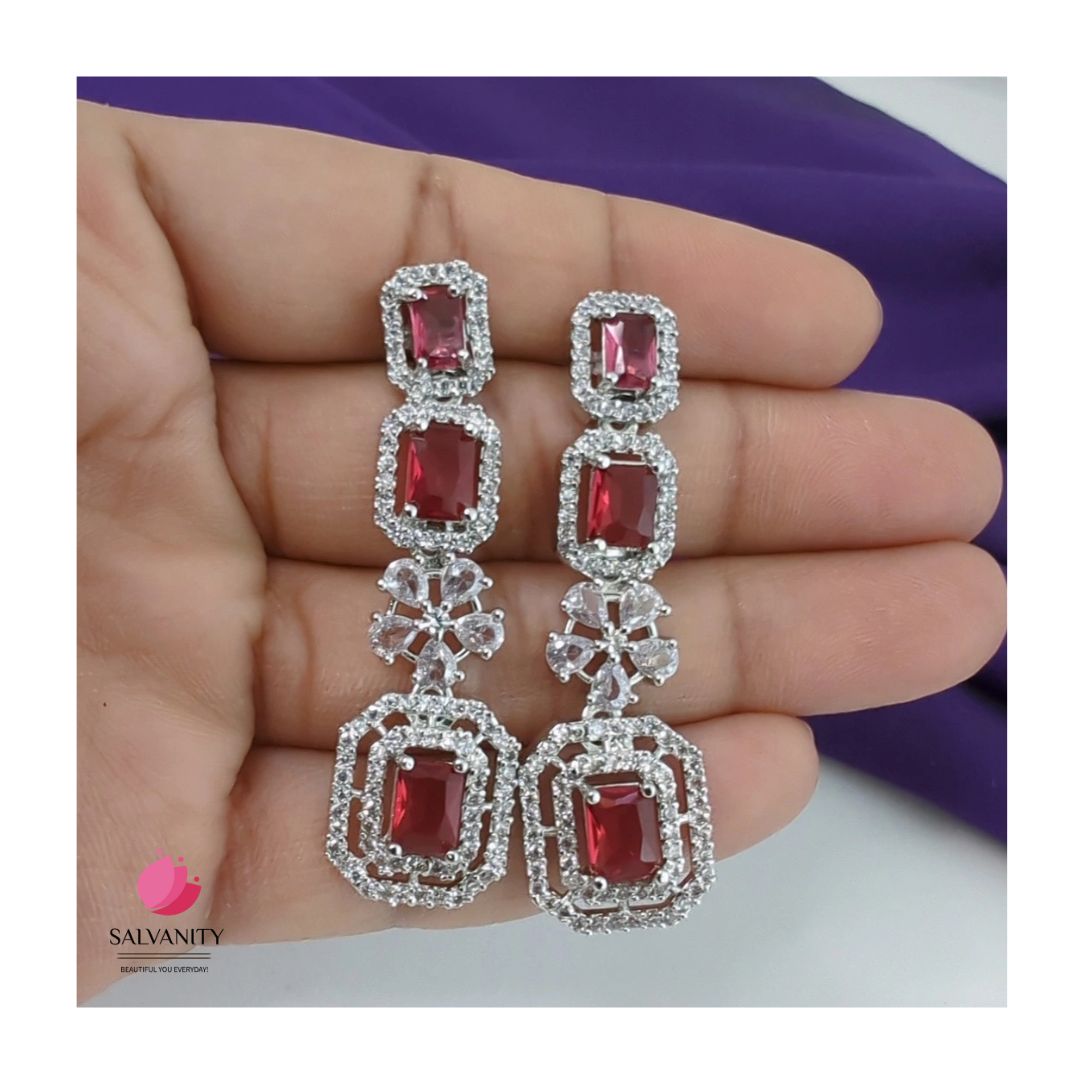 #Artificial_Jewellery# - #Salvanity_Salvan Overseas# - American Diamond Silver Queen's Ruby Red Diamond Danglers