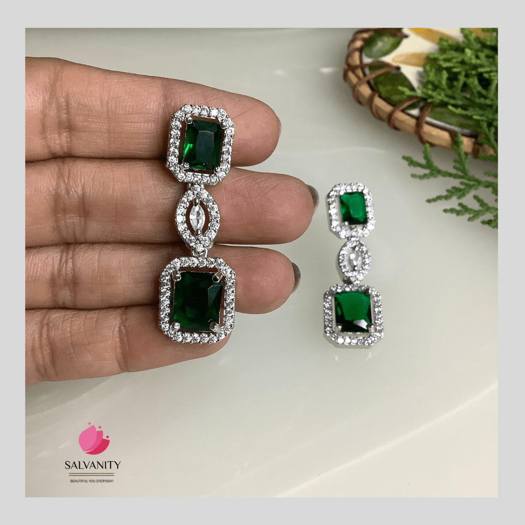 #Artificial_Jewellery# - #Salvanity_Salvan Overseas# - Danglers - Salvanity American Diamond Double Emerald Danglers