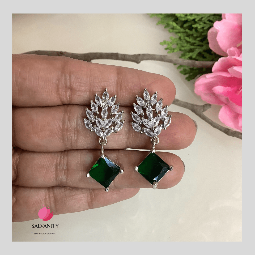 #Artificial_Jewellery# - #Salvanity_Salvan Overseas# - Salvanity American Diamond Fern Rhombus Danglers