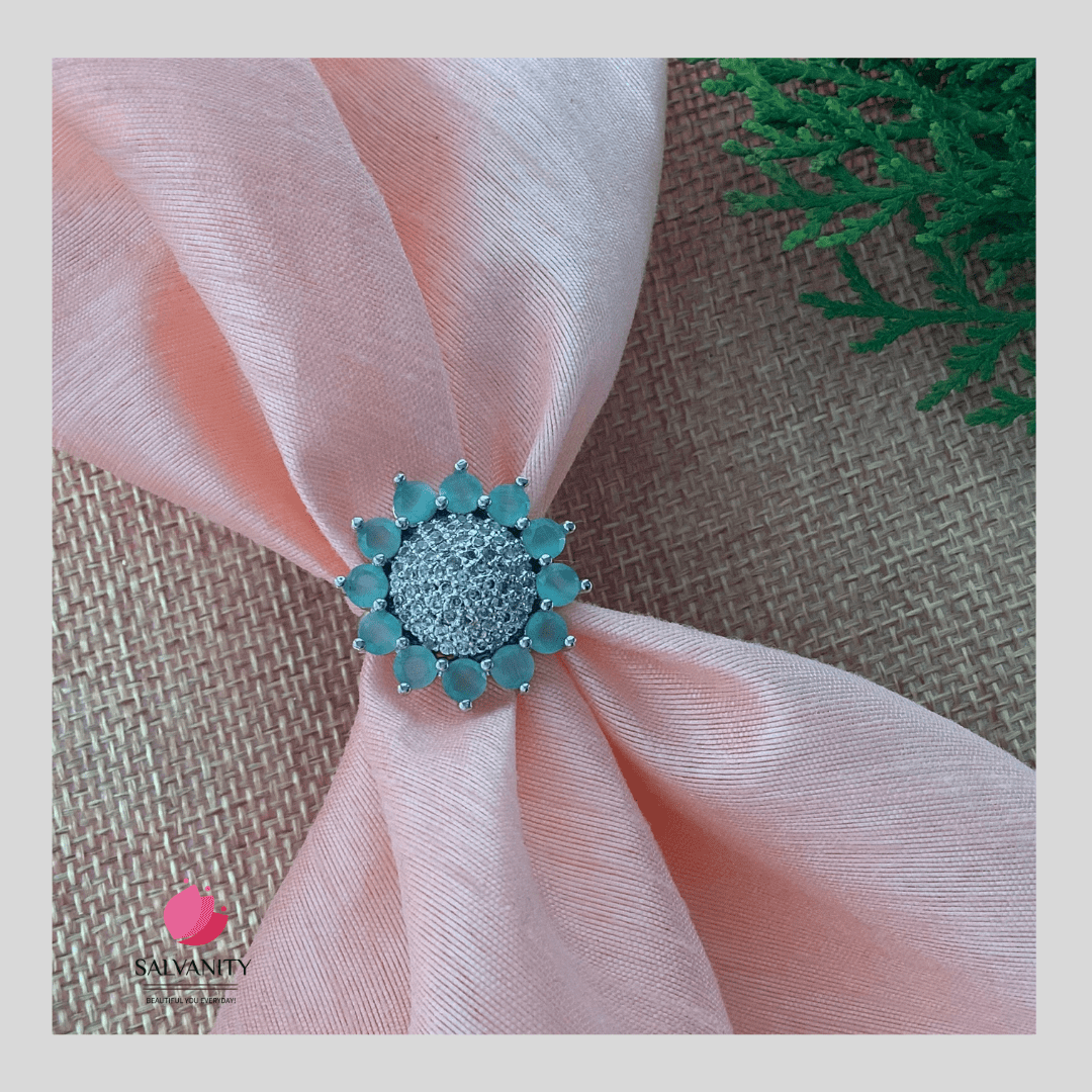 #Artificial_Jewellery# - #Salvanity_Salvan Overseas# - Salvanity American Diamond Aqua Marine Green Sunflower Ring