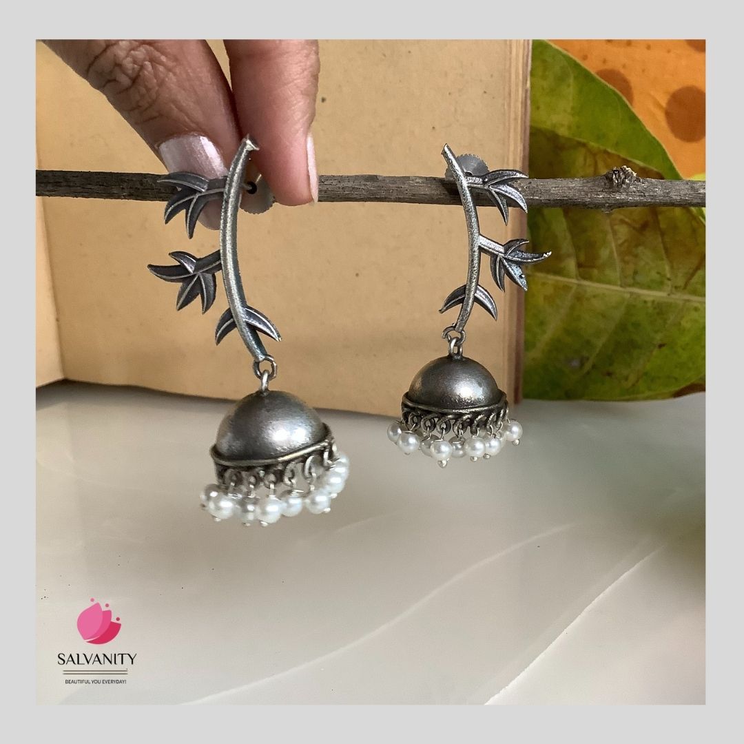 #Artificial_Jewellery# - #Salvanity_Salvan Overseas# - Danglers - Salvanity German Silver Leafy Twig Jhumki