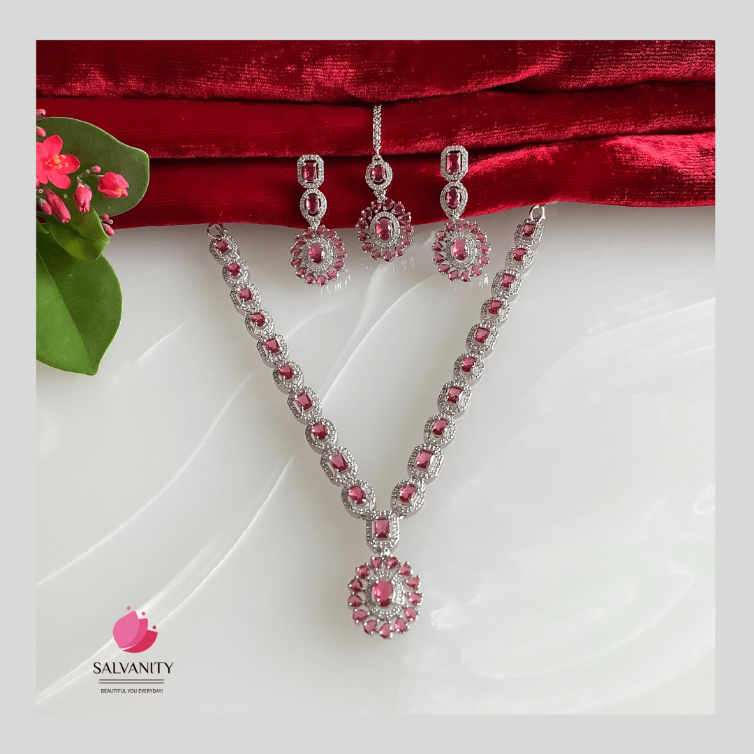 #Artificial_Jewellery# - #Salvanity_Salvan Overseas# - Necklace - Salvanity American Diamond Ovals & Cubes Necklace Combo