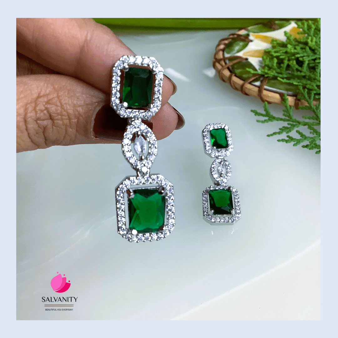 #Artificial_Jewellery# - #Salvanity_Salvan Overseas# - Danglers - Salvanity American Diamond Double Emerald Danglers