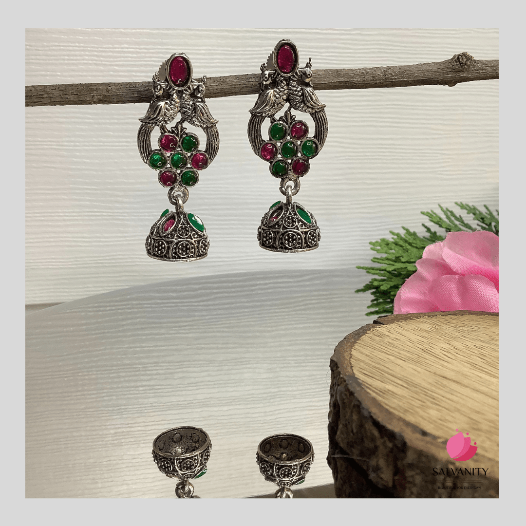 #Artificial_Jewellery# - #Salvanity_Salvan Overseas# - Danglers - Salvanity German Silver Double Bird Jhumki Small