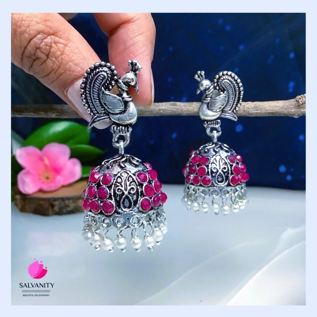 #Artificial_Jewellery# - #Salvanity_Salvan Overseas# - Danglers - Salvanity German Silver Stone Peacock & Embellished dome Jhumki