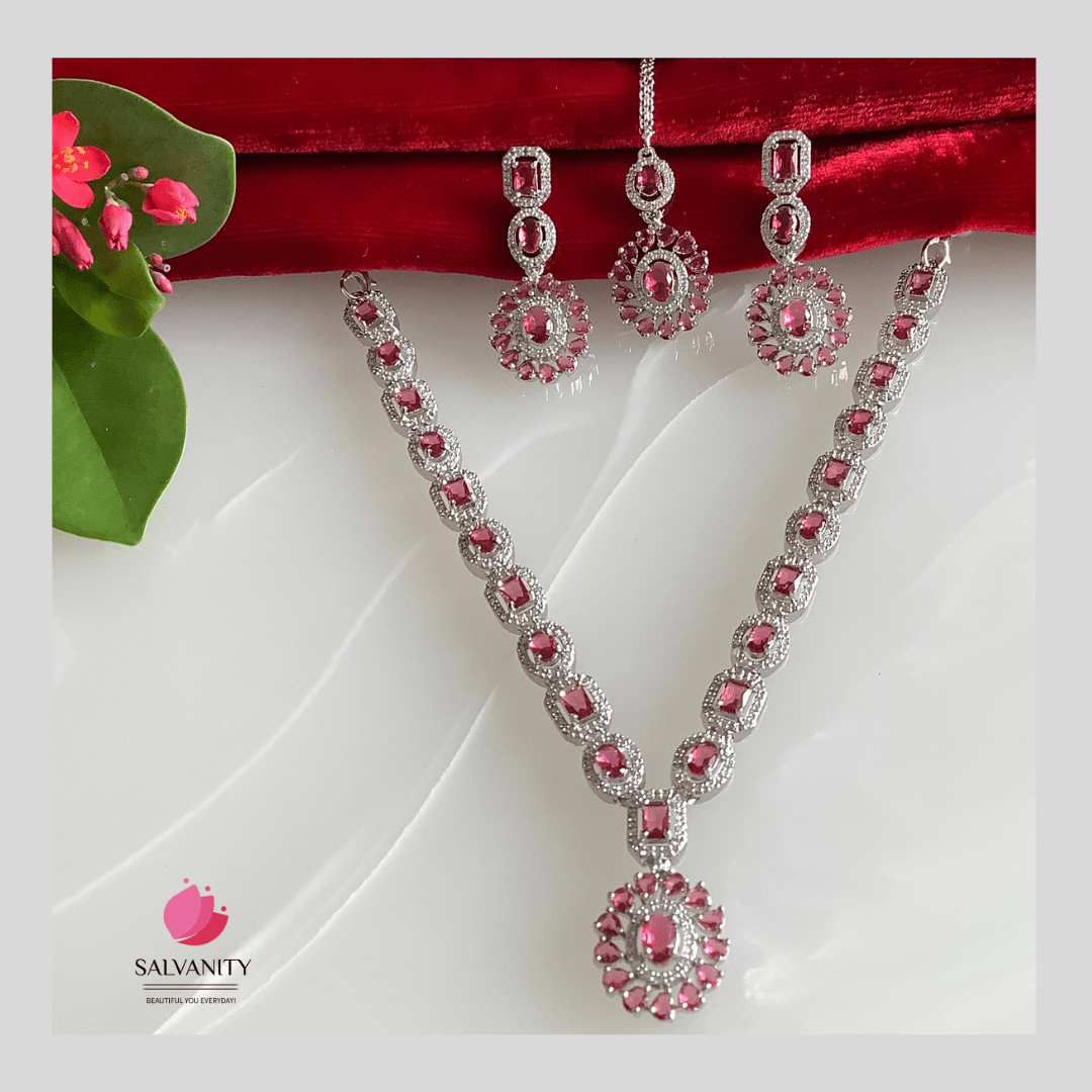 #Artificial_Jewellery# - #Salvanity_Salvan Overseas# - Necklace - Salvanity American Diamond Ovals & Cubes Necklace Combo