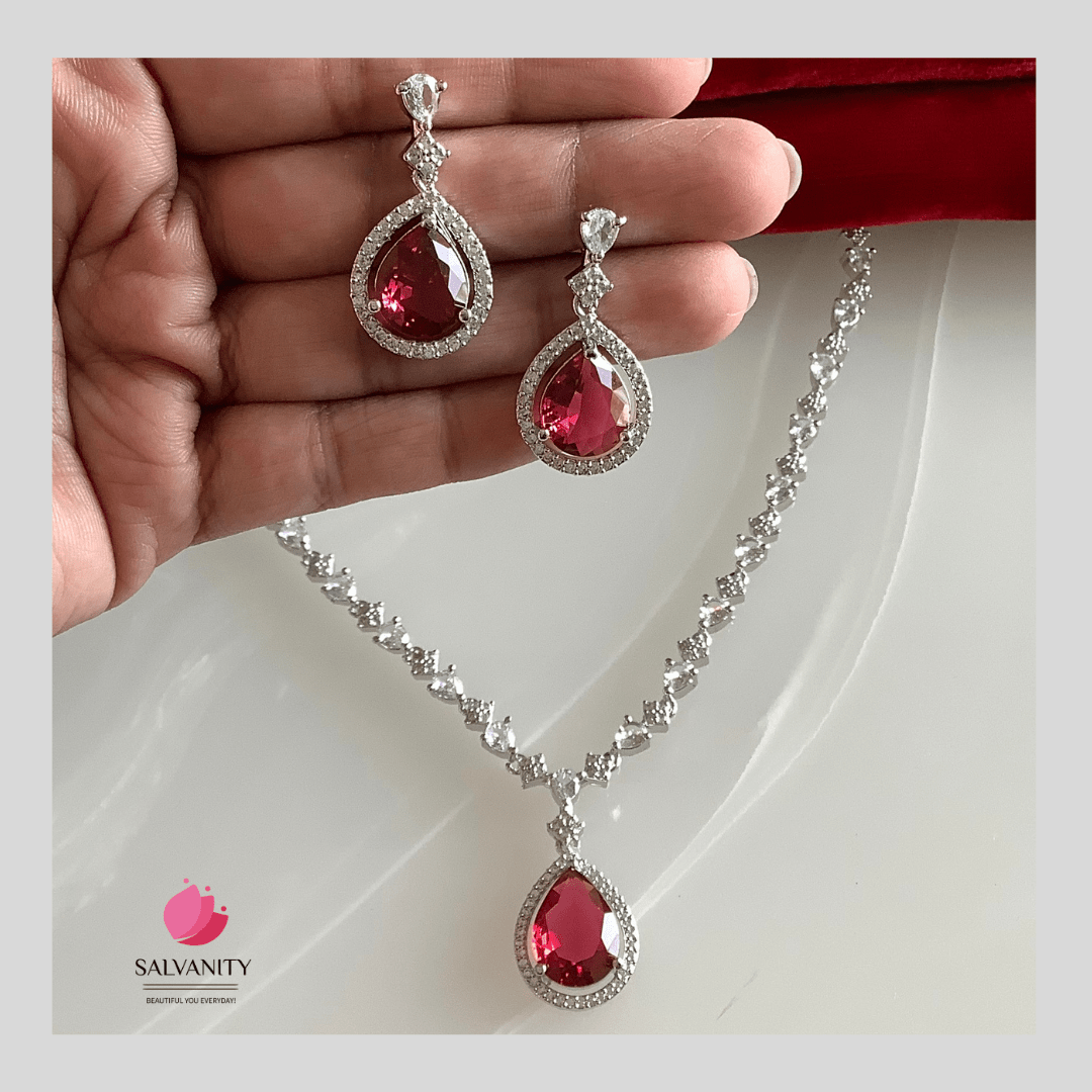 #Artificial_Jewellery# - #Salvanity_Salvan Overseas# - Necklace - Salvanity American Diamond Sleek Ruby Necklace set