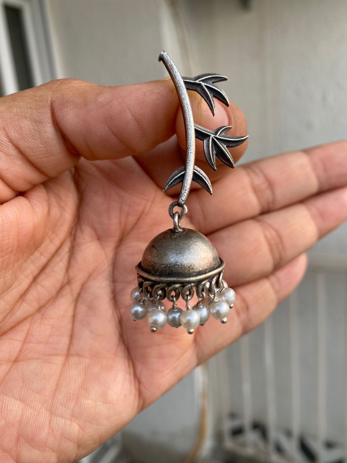 #Artificial_Jewellery# - #Salvanity_Salvan Overseas# - Danglers - Salvanity German Silver Leafy Twig Jhumki