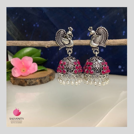 #Artificial_Jewellery# - #Salvanity_Salvan Overseas# - Danglers - Salvanity German Silver Stone Peacock & Embellished dome Jhumki