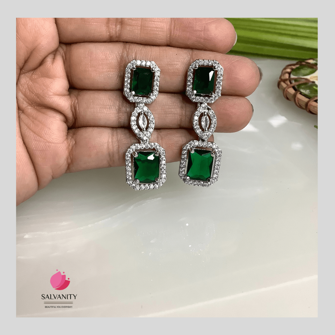 #Artificial_Jewellery# - #Salvanity_Salvan Overseas# - Danglers - Salvanity American Diamond Double Emerald Danglers