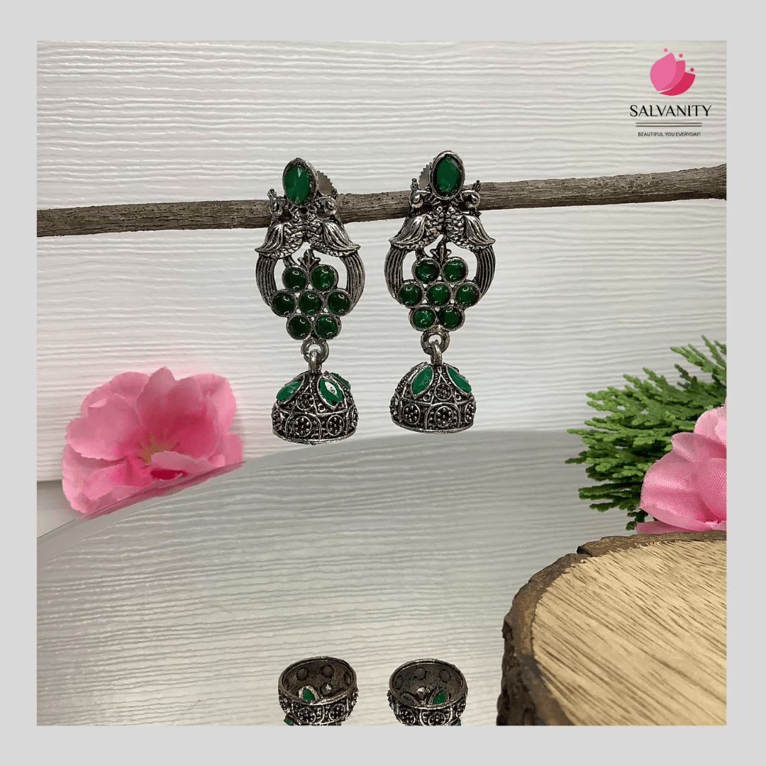 #Artificial_Jewellery# - #Salvanity_Salvan Overseas# - Danglers - Salvanity German Silver Double Bird Jhumki Small