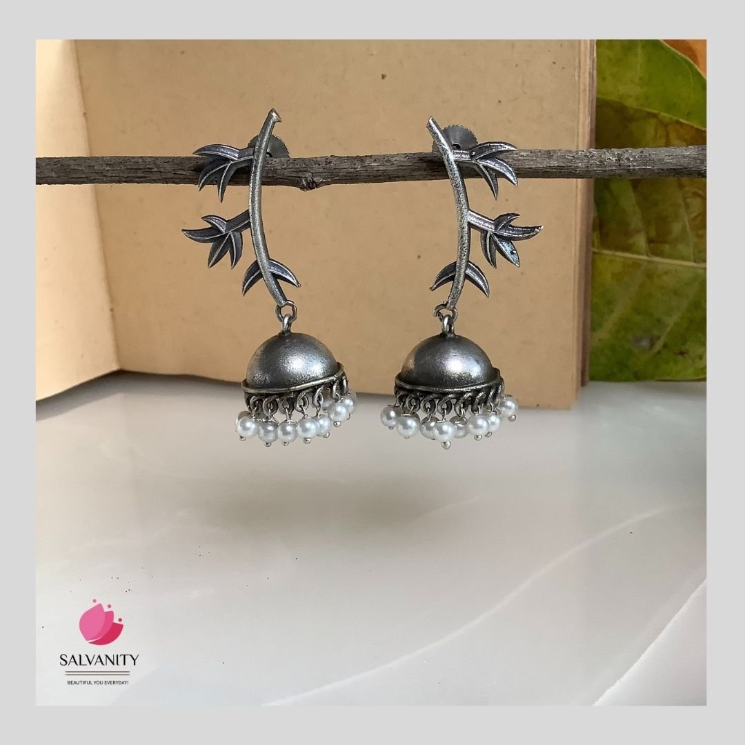 #Artificial_Jewellery# - #Salvanity_Salvan Overseas# - Danglers - Salvanity German Silver Leafy Twig Jhumki