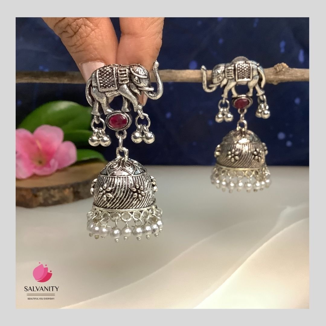 #Artificial_Jewellery# - #Salvanity_Salvan Overseas# - Danglers - Salvanity German Silver Royal Elephant Flower Jhumkis