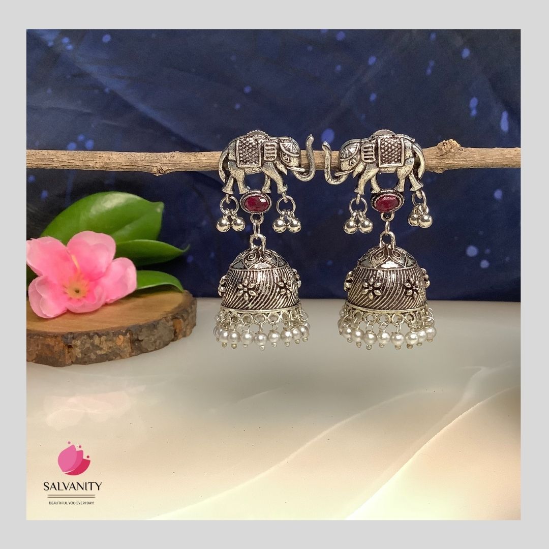 #Artificial_Jewellery# - #Salvanity_Salvan Overseas# - Danglers - Salvanity German Silver Royal Elephant Flower Jhumkis