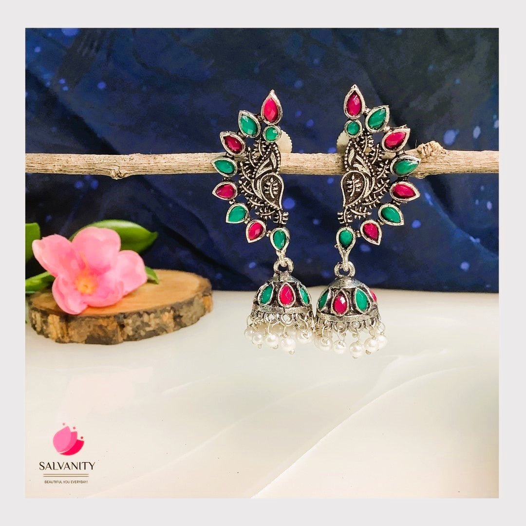 #Artificial_Jewellery# - #Salvanity_Salvan Overseas# - Danglers - Salvanity German Silver Half Moon Flower Stones